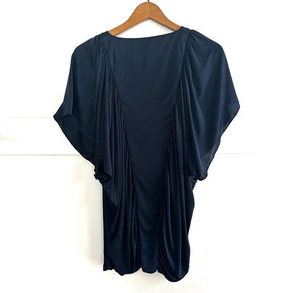 BCBG Maxazaria Navy Blue Silky Flutter Sleeve Rouched Top XS - Picture 3 of 5